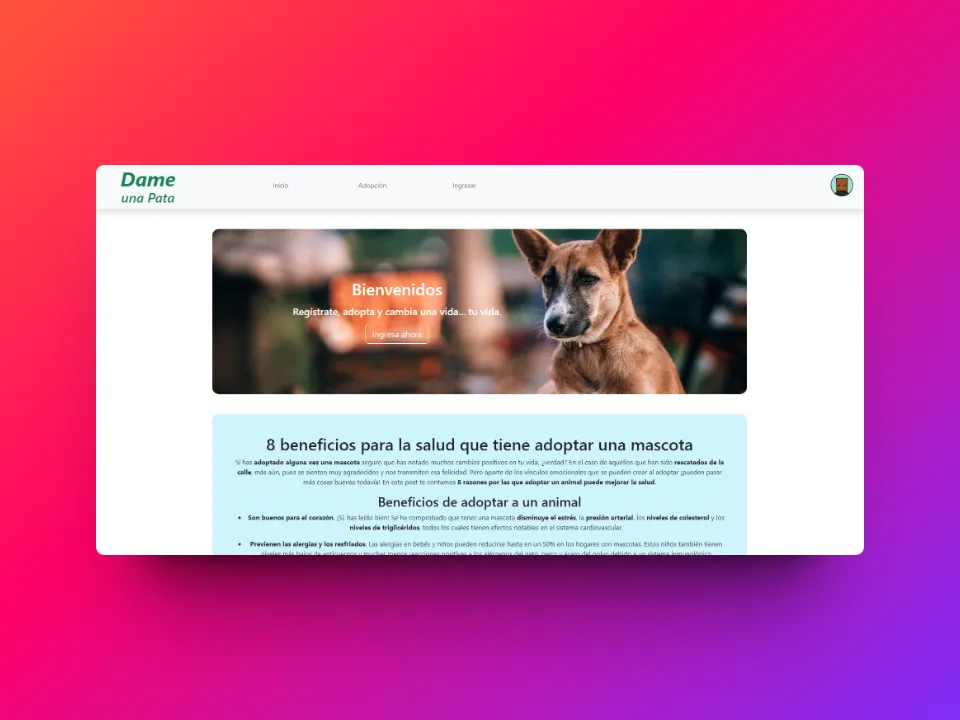 Pagina de inicio de Proyecto Dame una Pata V2.0.